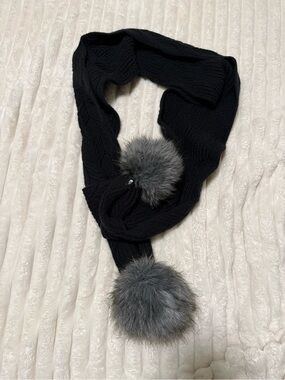 The North Face Black Knit Scarf with Gray Faux Fur Pom Poms